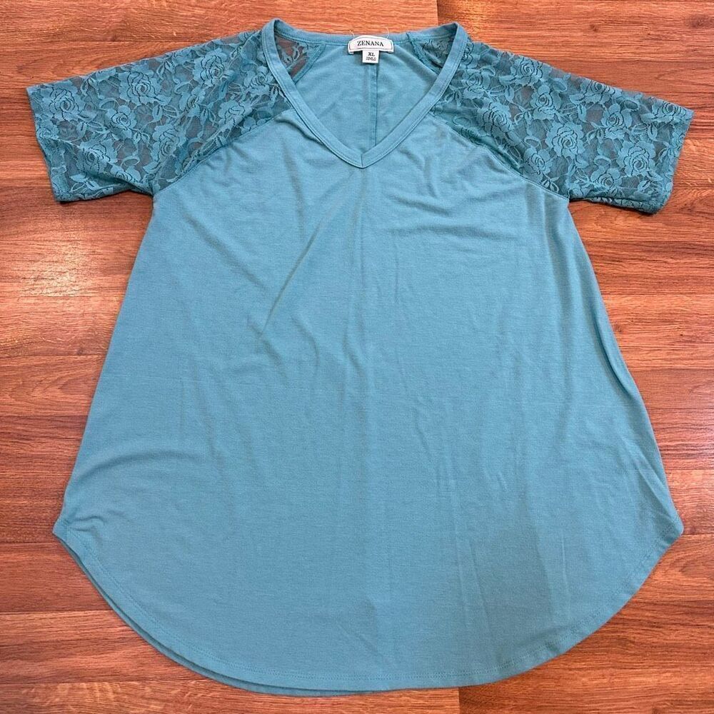 Zenana Short Sleeve Rose Lace V-neck Shirt | Women Size XL